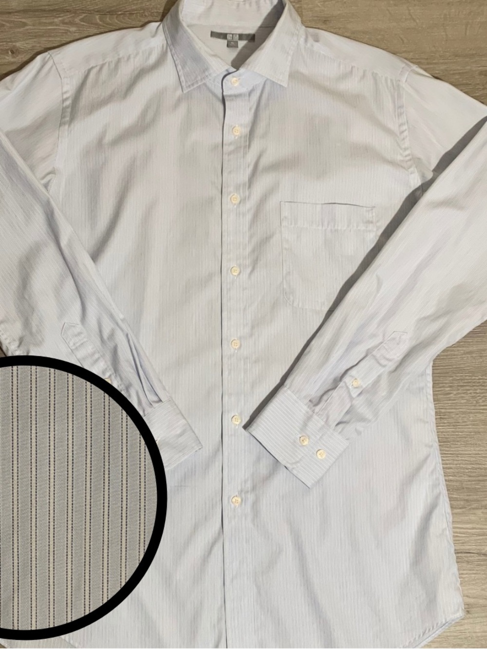 Uniqlo Men's White Dress Shirt with Subtle Blue Pinstripes